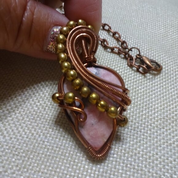 Stunning RHODOCHROSITE Handmade COPPER WIRE-WRAPPED Pendant/Chain #170C - Picture 2 of 3